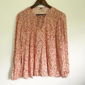 Old Navy Orange Floral Keyhole Long Sleeve Blouse Top Women's Large